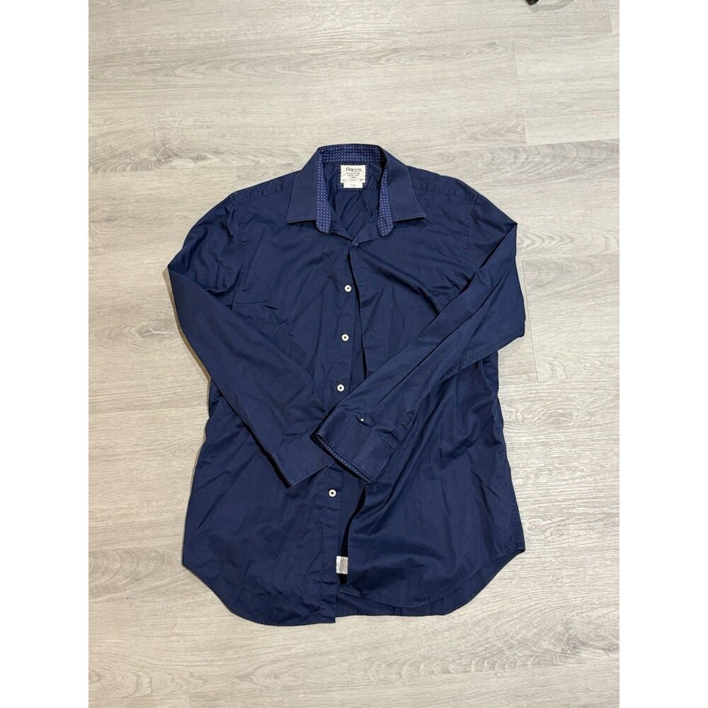 TM Lewin Mens Button Up Shirt L 16 /34 Fitted Blue Two Fold Cotton Long